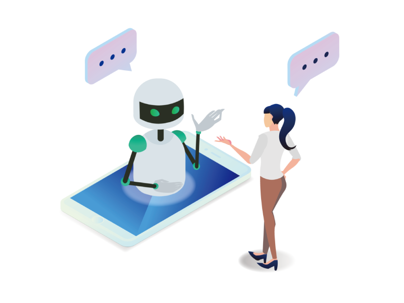 スマートフォンのチャットボットと会話する人のイラスト