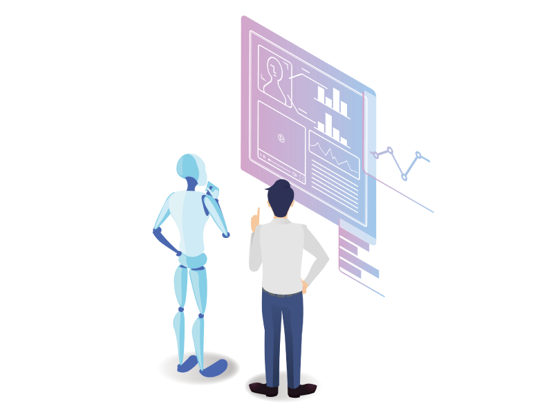 AIとデータのダッシュボードを見る人のイラスト
